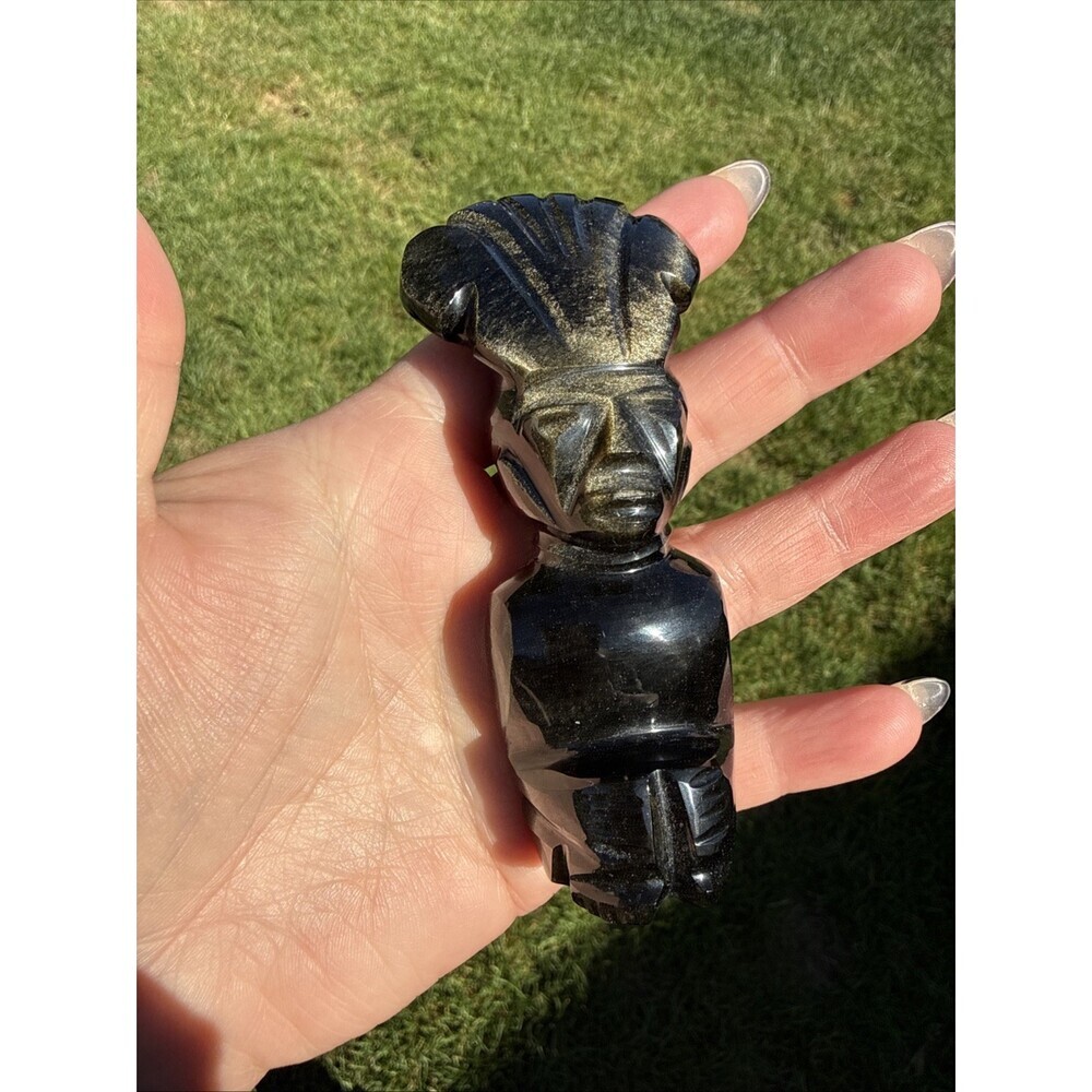 Aztec Mayan Obsidian Hand Carved 4” Black With Gold Sheen Statue Vulcanic Rock